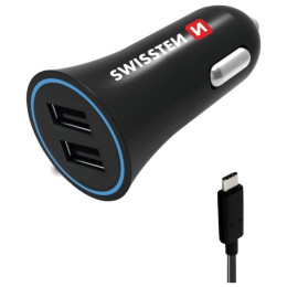 Adaptateur voiture Swissten Car Charger + USB-C Cable vert Black