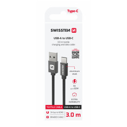 Câble données et chargement Swissten Textile USB / USB-C 3 m noir černá