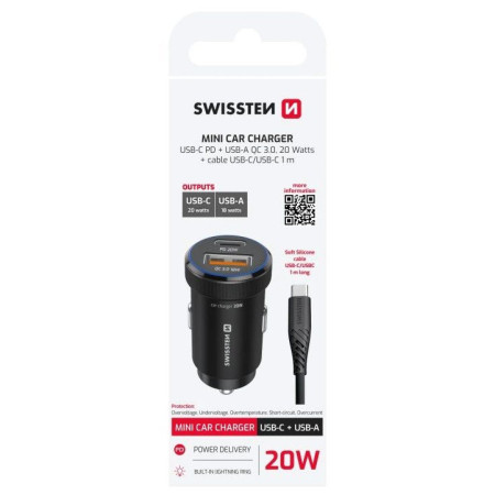 Adaptateur Swissten Mini Car Charger USB-C PD + USB-A, 20W + cabel USB-C / USB-C, 1 m