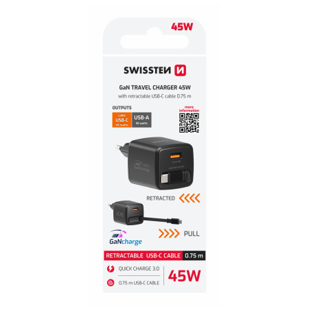 Adaptateur Swissten SlideCharge Gan 45W, 1X USB-A 18W + kabel USB-C 0,75 m
