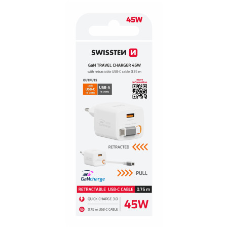 Adaptateur Swissten SlideCharge Gan 45W, 1X USB-A 18W + kabel USB-C 0,75 m