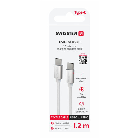 Câble données et chargement Swissten Textile USB-C / USB-C 1,2 m argenté stříbrná