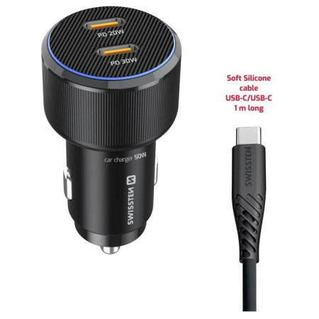 Adaptateur Swissten Car Charger 2X USB-C PD, 50W + cabel USB-C / USB-C, 1 m