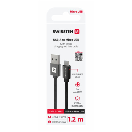Câble données et chargement Swissten Textile USB / Micro USB 1,2 m noir černá