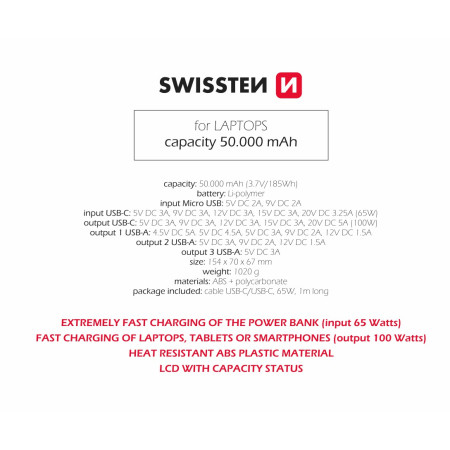 Banque d'énergie Swissten Power Line 50000 mAh 100W