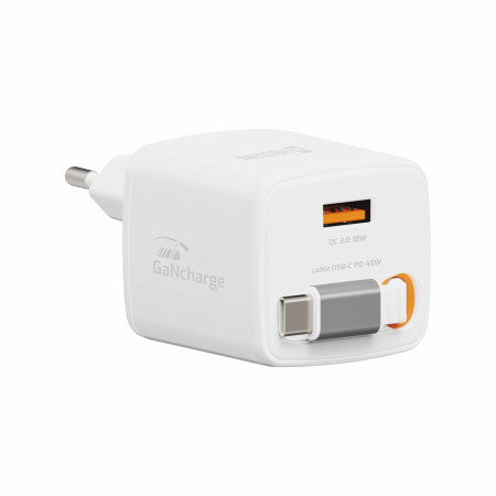 Adaptateur Swissten SlideCharge Gan 45W, 1X USB-A 18W + kabel USB-C 0,75 m blanc bílá