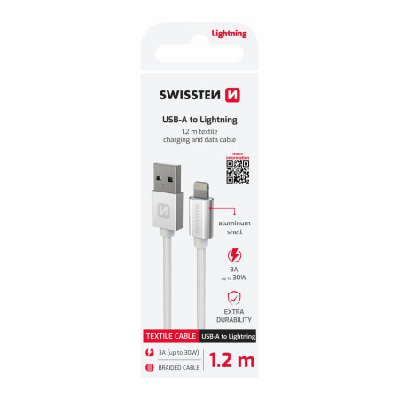Câble données et chargement Swissten Textile USB / Lightning 1,2 m