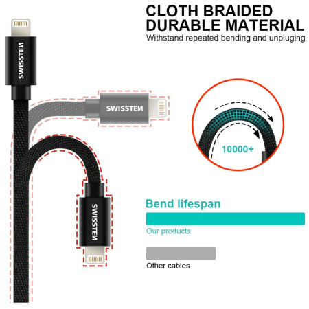 Câble données et chargement Swissten Textile USB / Lightning 2 m