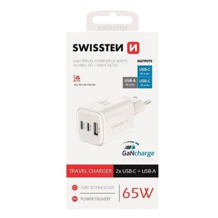Adaptateur Swissten GaN Travel Charger 2X USB -C + USB-A