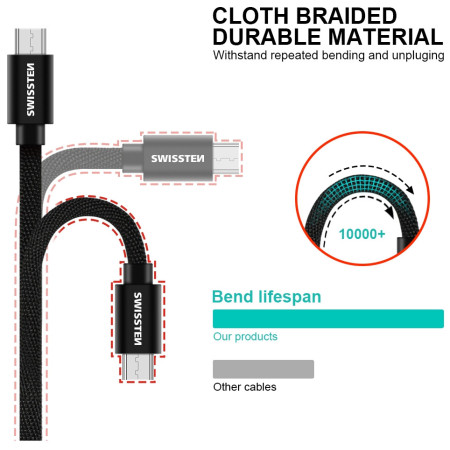 Câble données et chargement Swissten Textile USB / Micro USB 1,2 m