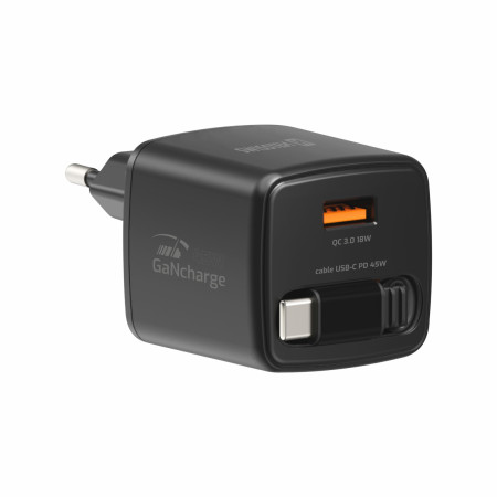 Adaptateur Swissten SlideCharge Gan 45W, 1X USB-A 18W + kabel USB-C 0,75 m noir černá