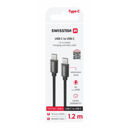 Câble données et chargement Swissten Textile USB-C / USB-C 1,2 m noir černá