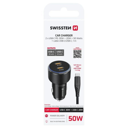 Adaptateur Swissten Car Charger 2X USB-C PD, 50W + cabel USB-C / USB-C, 1 m