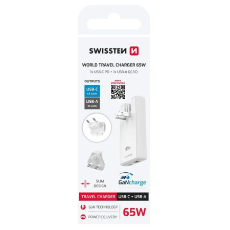 Adaptateur Swissten World Travel Charger 65W GaN USB-C + USB-A