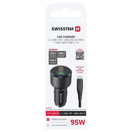 Adaptateur Swissten Car Charger 2x USB-C PD + USB-A, 95 W + cabel USB-C / USB-C, 1 m