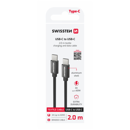 Câble données et chargement Swissten Textile USB-C / USB-C 2 m noir černá