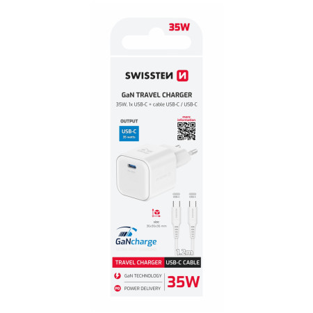 Adaptateur Swissten GaN 1 USB-C 35 W + câble de données USB-C 1,2 m