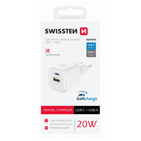 Chargeur Swissten TRAVEL CHARGER GaN 1x USB-C 20W PD AND 1x USB-A 18W QC