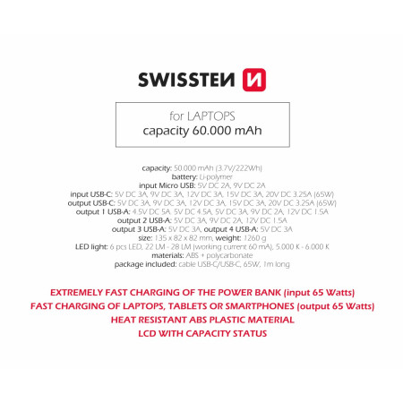 Banque d'énergie Swissten Power Line 60000 mAh 65W