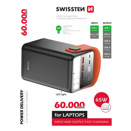 Banque d'énergie Swissten Power Line 60000 mAh 65W