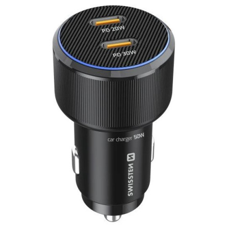 Adaptateur Swissten Car Charger 2X USB-C PD, 50W + cabel USB-C / USB-C, 1 m
