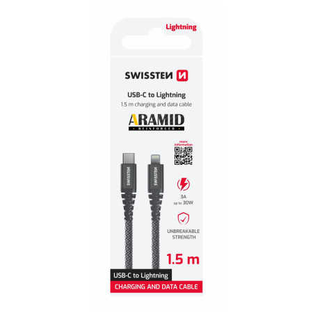 Câble données et chargement Swissten Aramid Reinforced USB-C/Lightning 1,5 m