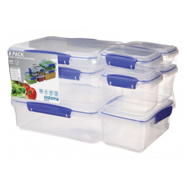 Boîte aliments Sistema 8 Pack Set Klip It transparent Transparent with blue clips